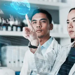 Scientists engaging with AI technology in a lab environment