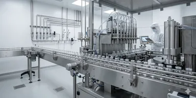 A scientist in a full cleanroom suit operates an automated vial-filling and conveyor system in a sterile pharmaceutical production environment.
