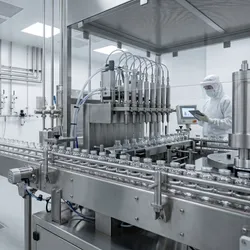 A scientist in a full cleanroom suit operates an automated vial-filling and conveyor system in a sterile pharmaceutical production environment.