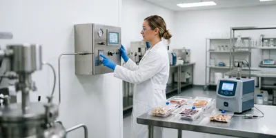 A lab technician in a white coat and safety glasses operates a wall-mounted control panel in a food science laboratory, with packaged meat and nut samples on a stainless steel table.