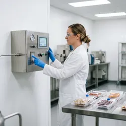 A lab technician in a white coat and safety glasses operates a wall-mounted control panel in a food science laboratory, with packaged meat and nut samples on a stainless steel table.