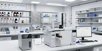 Modern laboratory setup featuring gas chromatography instruments and on-site hydrogen generator for environmental analysis.