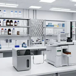 Modern laboratory setup featuring gas chromatography instruments and on-site hydrogen generator for environmental analysis.