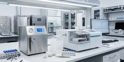 A brightly lit, modern laboratory workbench features a stainless steel gas generator connected by coiled clear tubing to a thermogravimetric analyzer, with polymer sample vials and crucibles neatly arranged nearby.