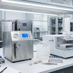 A brightly lit, modern laboratory workbench features a stainless steel gas generator connected by coiled clear tubing to a thermogravimetric analyzer, with polymer sample vials and crucibles neatly arranged nearby.