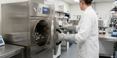A researcher wearing a white lab coat, safety goggles, and heat-resistant gloves opens a large stainless steel autoclave as steam escapes from the chamber in a bright laboratory.