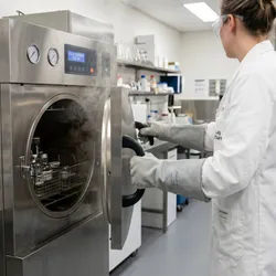 A researcher wearing a white lab coat, safety goggles, and heat-resistant gloves opens a large stainless steel autoclave as steam escapes from the chamber in a bright laboratory.