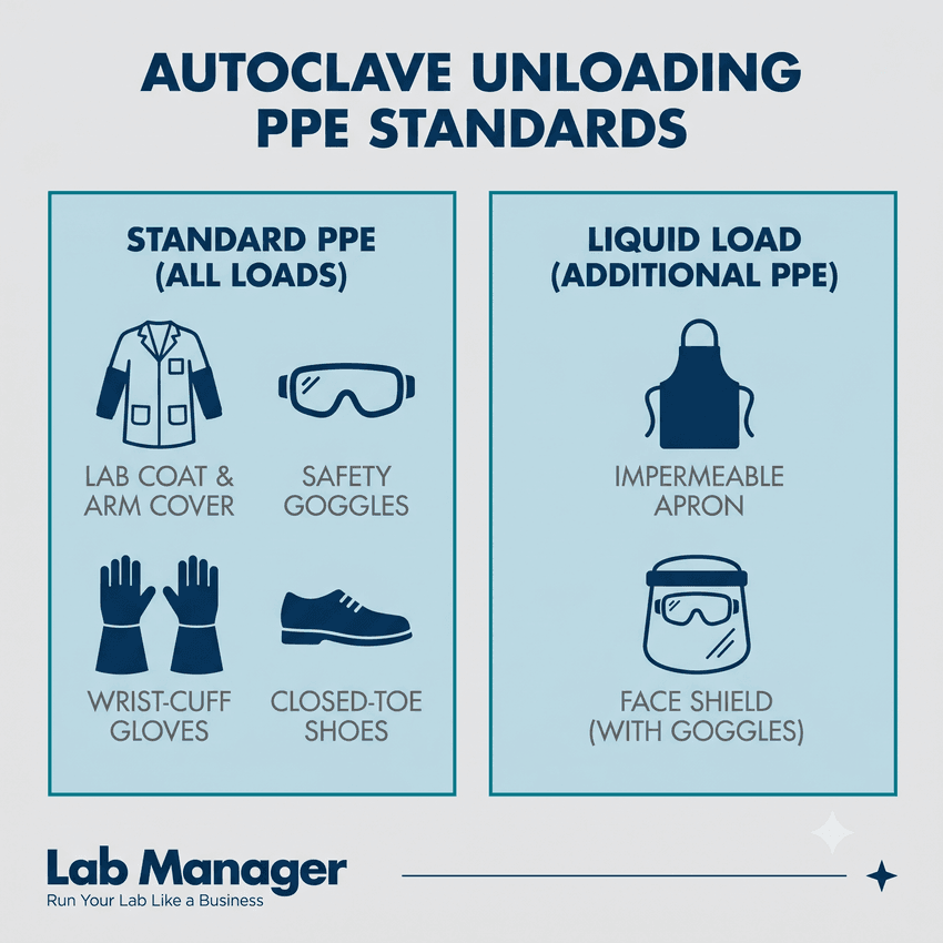 Infographic titled "Autoclave Unloading PPE Standards" dividing required safety gear into a clean, two-column layout: "Standard PPE (All Loads)" featuring icons for a lab coat, safety goggles, wrist-cuff gloves, and closed-toe shoes, alongside "Liquid Load (Additional PPE)" showcasing an impermeable apron and a face shield.