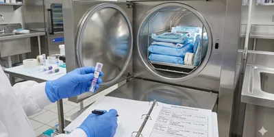 A laboratory technician in a lab coat and blue gloves holds up a biological indicator vial and fills out a sterilization cycle logbook next to an open autoclave containing sterile packs.