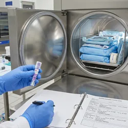 A laboratory technician in a lab coat and blue gloves holds up a biological indicator vial and fills out a sterilization cycle logbook next to an open autoclave containing sterile packs.