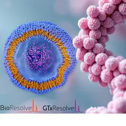 3D scientific graphic showing a cross-section of a blue and orange lipid nanoparticle containing pink particles next to a pink helical structure