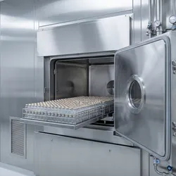 An open pharmaceutical-grade stainless steel autoclave chamber reveals a large rack loaded with rows of glass vials, while two fully gowned technicians work at a table in the background of a bright cleanroom environment.