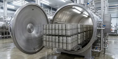 A large industrial horizontal retort with its door open, displaying wire baskets filled with metal cans, in a clean manufacturing facility.