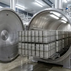 A large industrial horizontal retort with its door open, displaying wire baskets filled with metal cans, in a clean manufacturing facility.