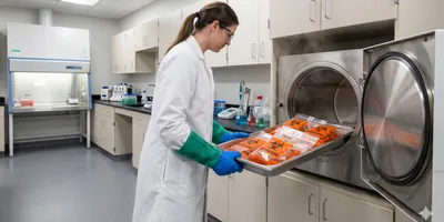 A laboratory technician wearing a white lab coat and protective heat-resistant gloves unloads a stainless steel tray containing orange biohazard bags from an open autoclave.