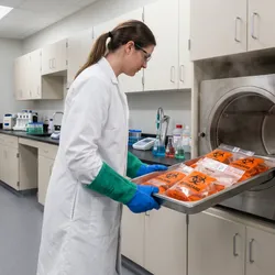 A laboratory technician wearing a white lab coat and protective heat-resistant gloves unloads a stainless steel tray containing orange biohazard bags from an open autoclave.