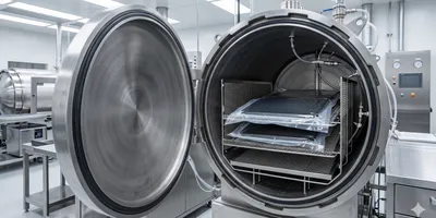 An open industrial autoclave with a large cylindrical door reveals carbon fiber composite panels sealed in vacuum bags on interior racks within a clean materials research facility.