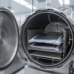 An open industrial autoclave with a large cylindrical door reveals carbon fiber composite panels sealed in vacuum bags on interior racks within a clean materials research facility.