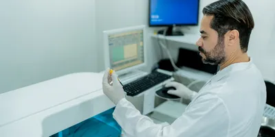 Hematologist analyzing medical samples at a hospital laboratory