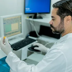 Hematologist analyzing medical samples at a hospital laboratory
