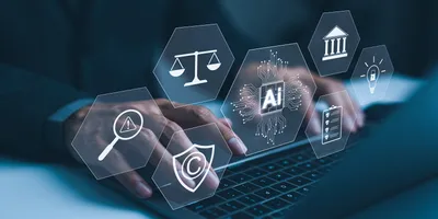 Person using a keyboard with AI icons representing governance and sustainability