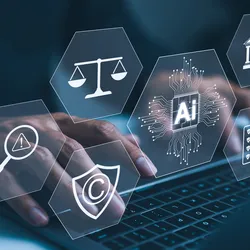 Person using a keyboard with AI icons representing governance and sustainability