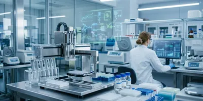 Automated liquid-handling robot in a modern lab with AI data overlays, illustrating lab automation AI implementation