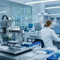 Automated liquid-handling robot in a modern lab with AI data overlays, illustrating lab automation AI implementation