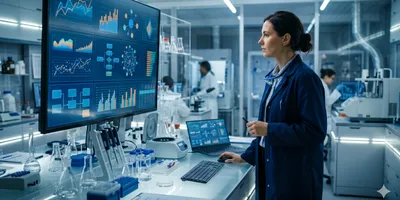 A female laboratory manager in a blue lab coat stands in a modern, high-tech lab environment, reviewing structured data visualizations and workflow charts on a large wall-mounted monitor.