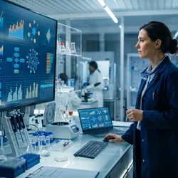 A female laboratory manager in a blue lab coat stands in a modern, high-tech lab environment, reviewing structured data visualizations and workflow charts on a large wall-mounted monitor.