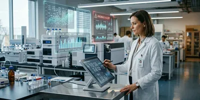 Lab manager reviewing AI data dashboards over laboratory instruments, illustrating AI-assisted laboratory data analysis