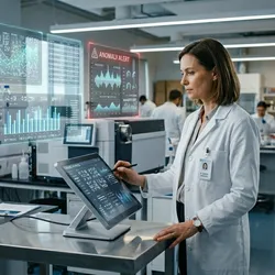 Lab manager reviewing AI data dashboards over laboratory instruments, illustrating AI-assisted laboratory data analysis  