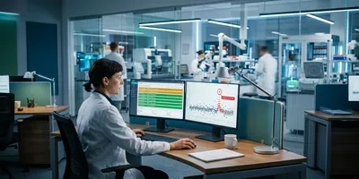 Lab manager reviewing an AI-powered LIMS dashboard with predictive alerts and workflow flags, illustrating AI LIMS features in a modern laboratory  