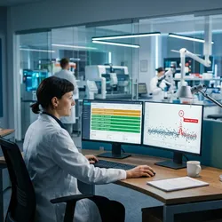 Lab manager reviewing an AI-powered LIMS dashboard with predictive alerts and workflow flags, illustrating AI LIMS features in a modern laboratory  
