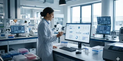 A scientist in a white lab coat stands at a clean workstation, reviewing a digital data dashboard on a large monitor inside a bright, modern laboratory filled with organized scientific equipment.
