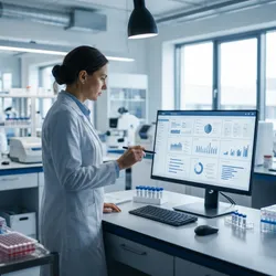 A scientist in a white lab coat stands at a clean workstation, reviewing a digital data dashboard on a large monitor inside a bright, modern laboratory filled with organized scientific equipment.