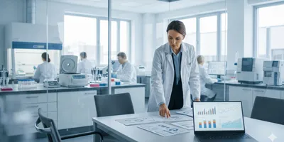 A female laboratory manager in a white coat stands in a modern, glass-walled conference room within a lab, reviewing data on documents and a laptop, with colleagues working in the background.