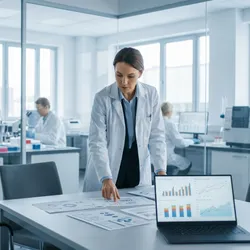 A female laboratory manager in a white coat stands in a modern, glass-walled conference room within a lab, reviewing data on documents and a laptop, with colleagues working in the background.