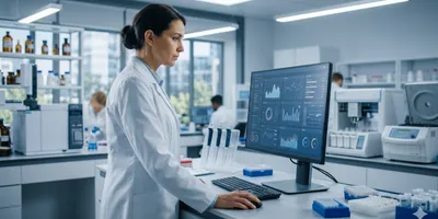 Scientist interacting with AI-generated data insights in a laboratory.