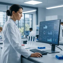 Scientist interacting with AI-generated data insights in a laboratory.