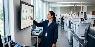 A female lab manager in a blue coat reviews a digital performance dashboard on a large wall-mounted monitor inside a modern, well-lit laboratory filled with analytical instruments.