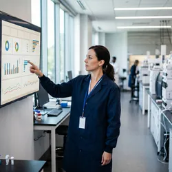 A female lab manager in a blue coat reviews a digital performance dashboard on a large wall-mounted monitor inside a modern, well-lit laboratory filled with analytical instruments.