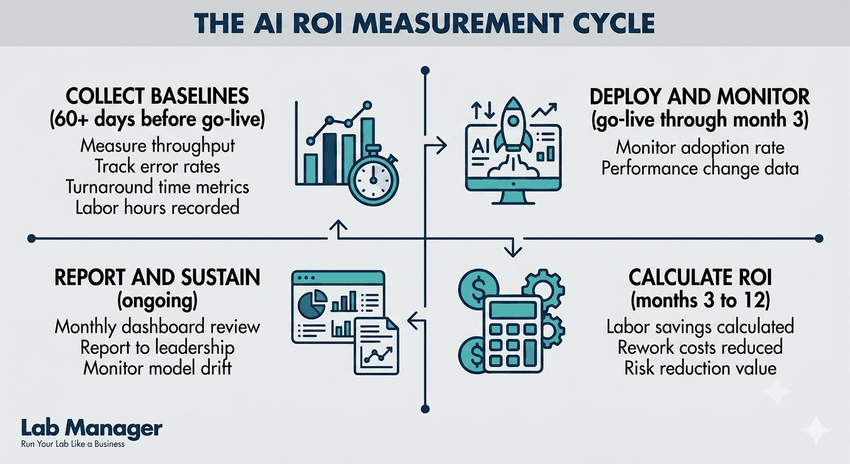 A four-quadrant infographic titled "The AI ROI Measurement Cycle" outlines a continuous loop for evaluating laboratory AI integrations across four key stages: collecting baselines, deploying and monitoring, calculating ROI, and reporting and sustaining.