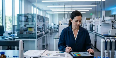 A female scientist in a blue lab coat is seated at a well-equipped workstation in a modern analytical laboratory, reviewing graphical data on a tablet and in an open binder.
