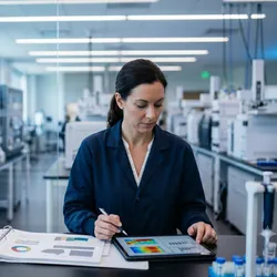 A female scientist in a blue lab coat is seated at a well-equipped workstation in a modern analytical laboratory, reviewing graphical data on a tablet and in an open binder.