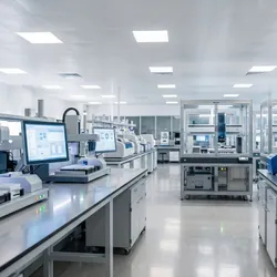 A brightly lit, wide-angle photograph of a modern research laboratory featuring automated robotic workstations, liquid handling systems, and glowing monitors on clean, empty benches.