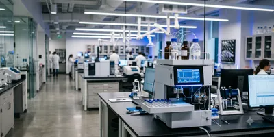 A modern analytical laboratory featuring a high-performance liquid chromatography instrument with an illuminated digital display on a foreground benchtop, with a spacious, brightly lit workspace blurred in the background.