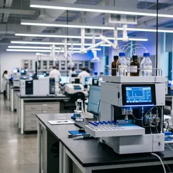 A modern analytical laboratory featuring a high-performance liquid chromatography instrument with an illuminated digital display on a foreground benchtop, with a spacious, brightly lit workspace blurred in the background.