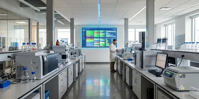 A brightly lit, modern clinical laboratory featuring analytical instruments on benchtops, a large digital scheduling dashboard, and a male scientist working in the background.