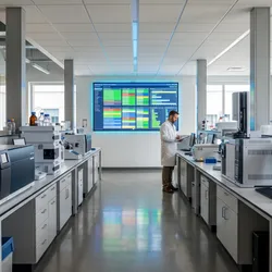 A brightly lit, modern clinical laboratory featuring analytical instruments on benchtops, a large digital scheduling dashboard, and a male scientist working in the background.